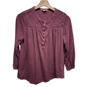 Lucky Brand‎ Top Womens L Burgundy Boho Embroidered Henley 3/4 Sleeve Peasant